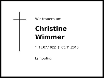 Traueranzeige von Christine  Wimmer von Region Chiemgau