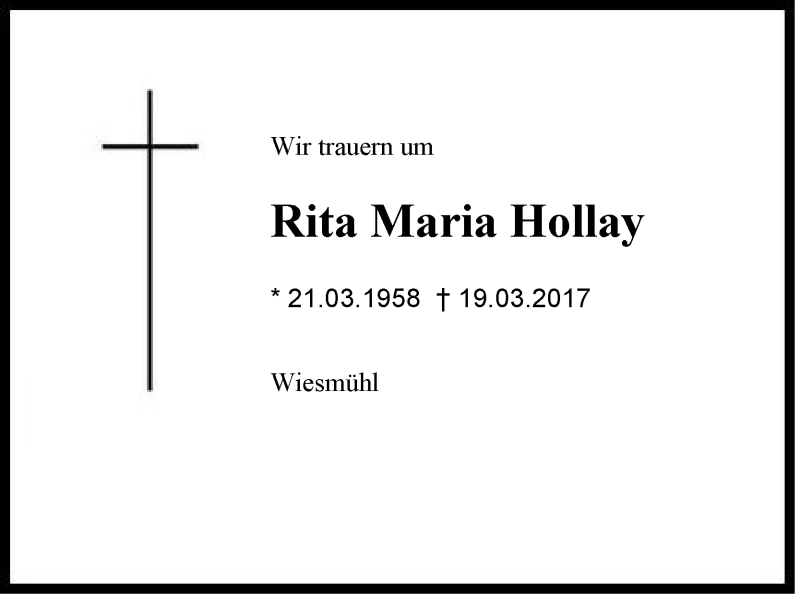  Traueranzeige für Rita Maria Hollay vom 24.03.2017 aus Region Chiemgau