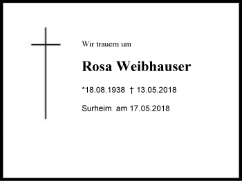 Traueranzeige von Rosa Weibhauser von Region Chiemgau