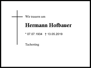Traueranzeige von Hermann Hofbauer von Region Berchtesgadener Land