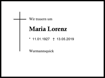 Traueranzeige von Maria Lorenz von Region Berchtesgadener Land