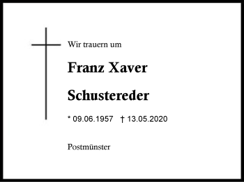 Traueranzeige von Franz Xaver Schustereder von Region Berchtesgadener Land