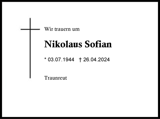 Traueranzeige von Nikolaus Sofian von Traunstein