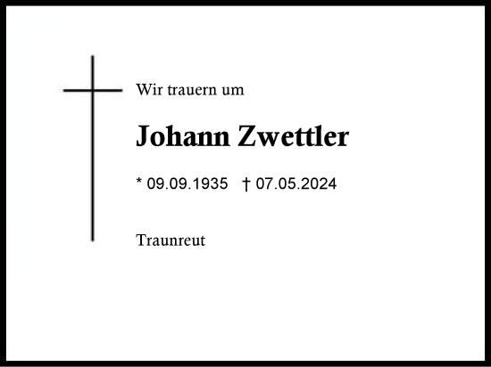 Traueranzeige von Johann Zwettler von Traunstein