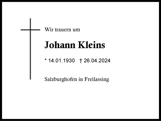 Traueranzeige von Johann Kleins von Region Berchtesgadener Land