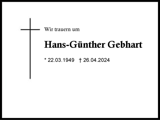 Traueranzeige von Hans-Günther Gebhart von Traunstein