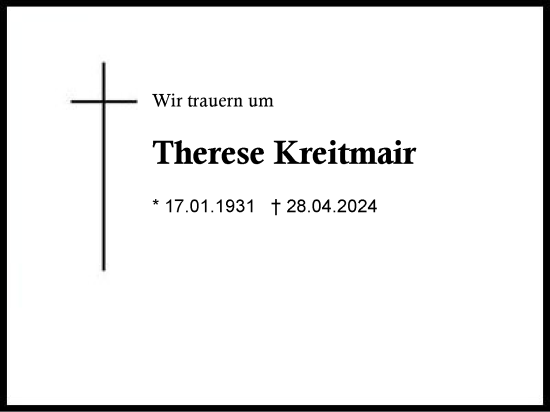 Traueranzeige von Therese Kreitmair von Region Chiemgau