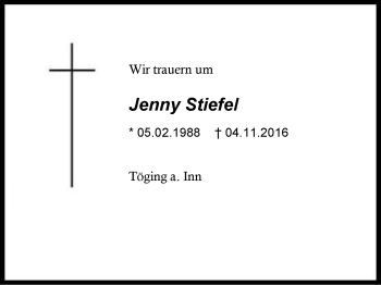 Traueranzeige von Jenny Stiefel von Region Chiemgau