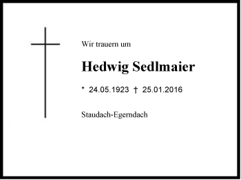 Traueranzeige von Hedwig  Sedlmaier von Region Chiemgau