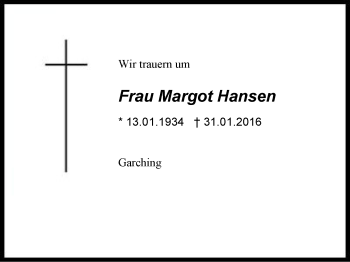 Traueranzeige von Margot Hansen von Region Berchtesgadener Land