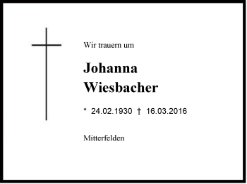 Traueranzeige von Johanna Wiesbacher von Region Berchtesgadener Land