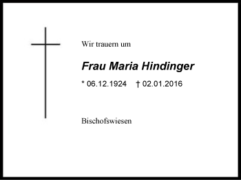 Traueranzeige von Maria Hindinger von Region Chiemgau