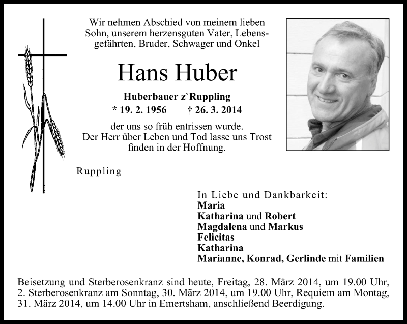  Traueranzeige für Hans Huber vom 01.04.2014 aus Region Chiemgau