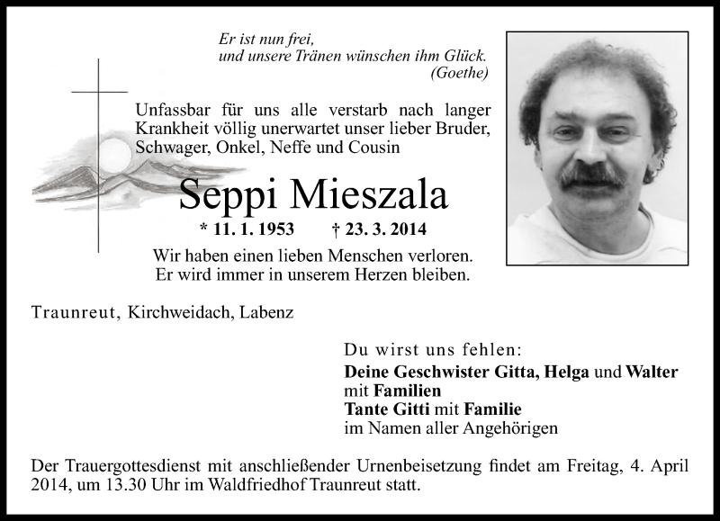  Traueranzeige für Seppi Mieszala vom 01.04.2014 aus Region Chiemgau