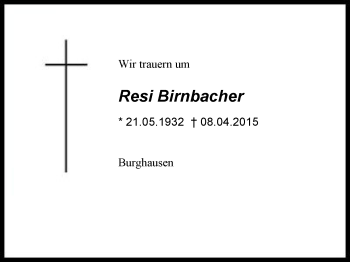 Traueranzeige von Resi Birnbacher von Region Berchtesgadener Land