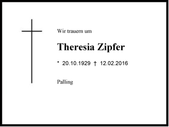 Traueranzeige von Theresia Zipfer von Region Chiemgau
