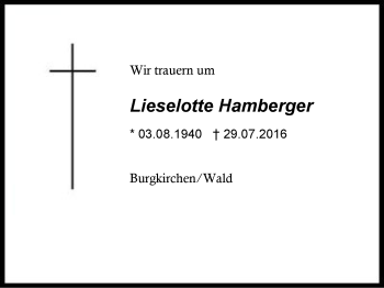 Traueranzeige von Lieselotte Hamberger von Region Berchtesgadener Land