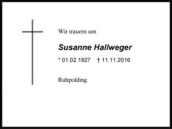 Traueranzeige von Susanne Hallweger von Region Chiemgau