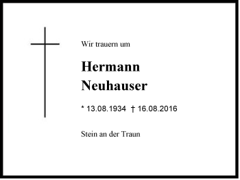 Traueranzeige von Hermann Neuhauser von Region Chiemgau