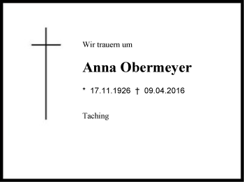 Traueranzeige von Anna Obermeyer von Region Chiemgau