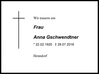 Traueranzeige von Anna Gschwendtner von Region Berchtesgadener Land