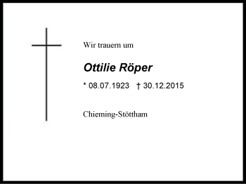 Traueranzeige von Ottilie Röper von Region Chiemgau