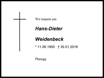 Traueranzeige von Hans-Dieter Weidenbeck von Region Berchtesgadener Land