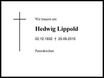 Traueranzeige von Hedwig Lippold von Region Chiemgau