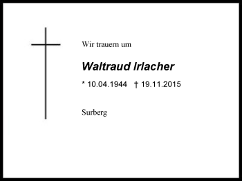 Traueranzeige von Waltraud Irlacher von Region Chiemgau