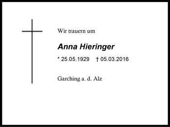 Traueranzeige von Anna Hieringer von Region Berchtesgadener Land