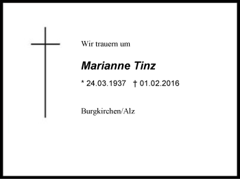 Traueranzeige von Marianne  Tinz von Region Berchtesgadener Land