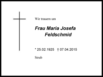 Traueranzeige von Maria Josefa Feldschmid von Region Chiemgau