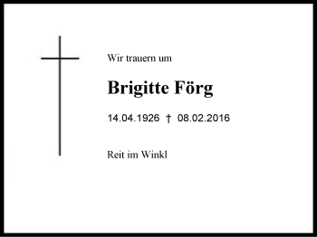 Traueranzeige von Brigitte Förg von Region Chiemgau