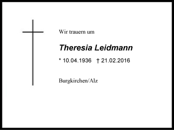 Traueranzeige von Theresia Leidmann von Region Berchtesgadener Land