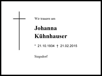 Traueranzeige von Johanna Kühnhauser von Region Chiemgau