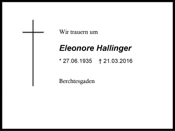 Traueranzeige von Eleonore Hallinger von Region Chiemgau