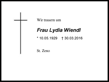 Traueranzeige von Lydia Wiendl von Region Berchtesgadener Land