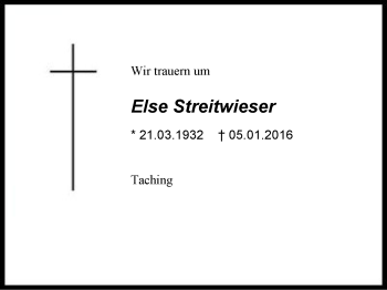 Traueranzeige von Else Streitwieser von Region Chiemgau