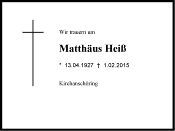 Traueranzeige von Matthäus Heiß von Region Berchtesgadener Land