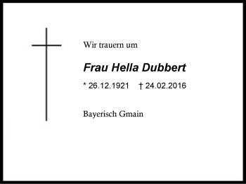 Traueranzeige von Hella Dubbert von Region Berchtesgadener Land