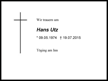 Traueranzeige von Hans Utz von Region Berchtesgadener Land