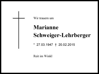 Traueranzeige von Marianne Schweiger-Lehrberger von Region Chiemgau