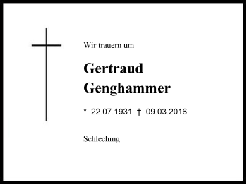 Traueranzeige von Gertraud Genghammer von Region Chiemgau