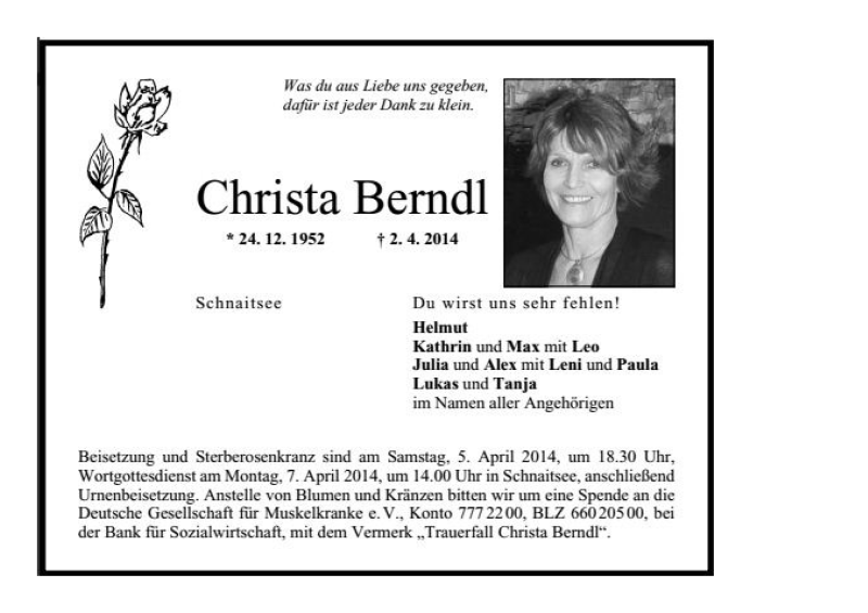  Traueranzeige für Christa  Berndl vom 16.04.2014 aus Region Chiemgau