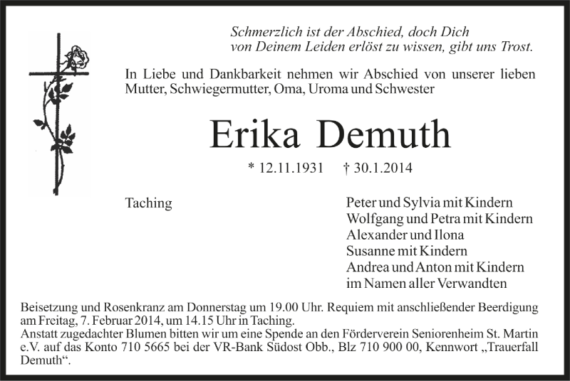  Traueranzeige für Erika Demuth vom 06.02.2014 aus Region Chiemgau