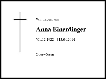 Traueranzeige von Anna Einerdinger von Region Chiemgau