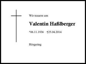 Traueranzeige von Valentin Haßlberger von Region Chiemgau