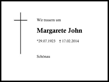 Traueranzeige von Margarete John von Region Berchtesgaden