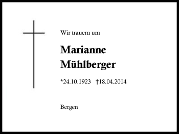 Traueranzeige von Marianne Mühlberger von Region Chiemgau