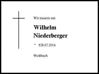 Traueranzeige von Wilhelm Niederberger von Region Chiemgau